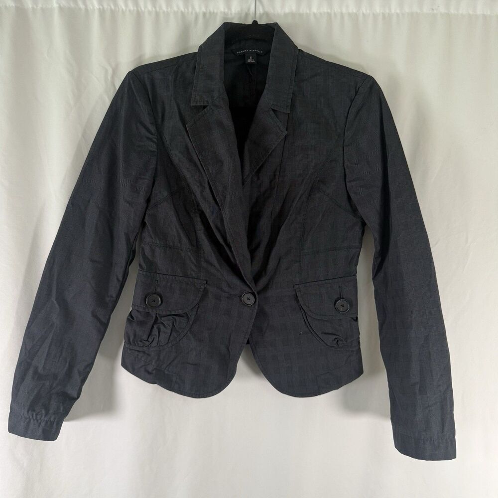Banana Republic Jacket Womens 6 Grey Plaid Single Button Front Pockets Cotton Bl